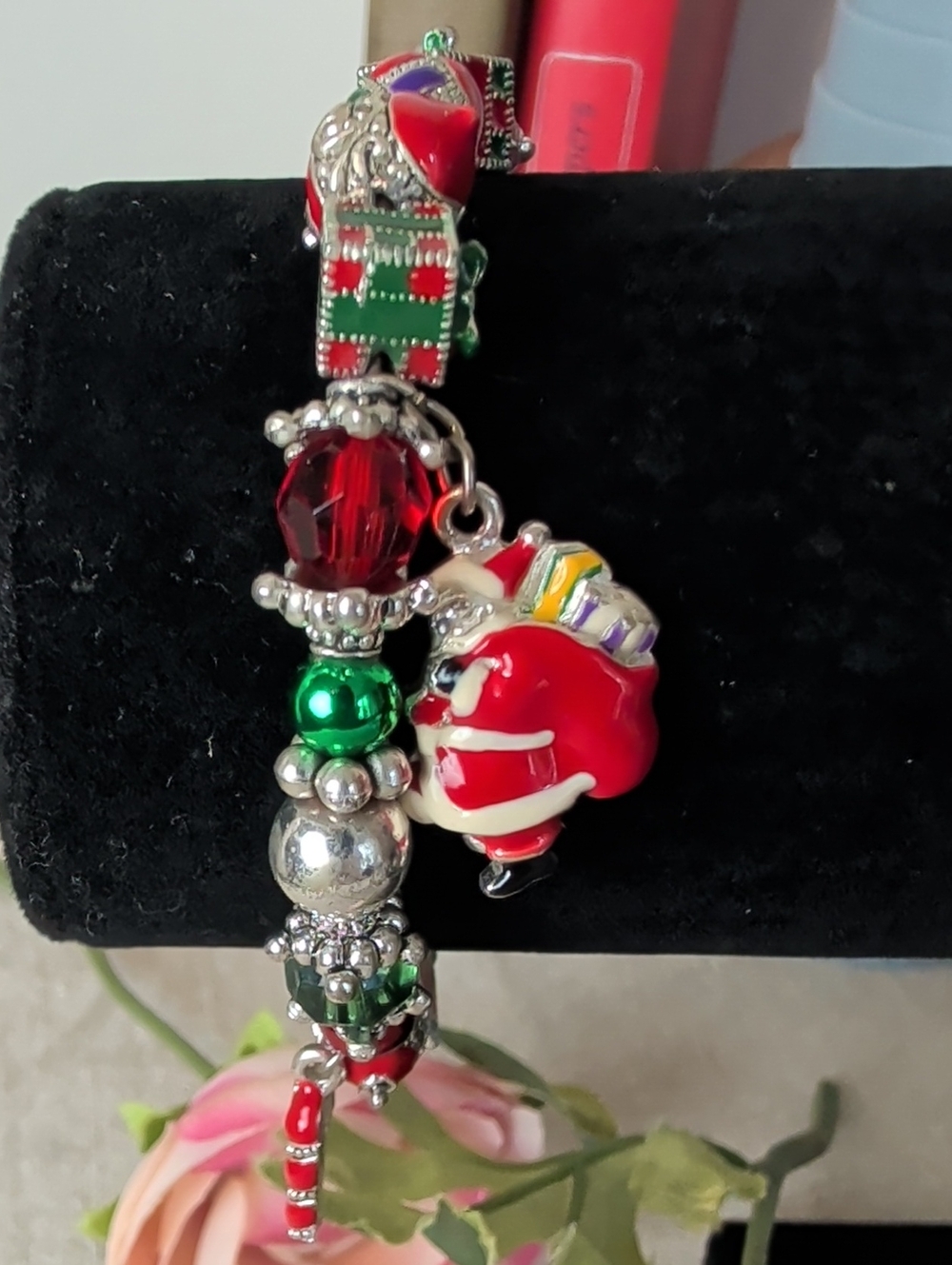 Vintage 80s Christmas Charm Bracelet Santa Tree Candy Cane Holiday Stretch